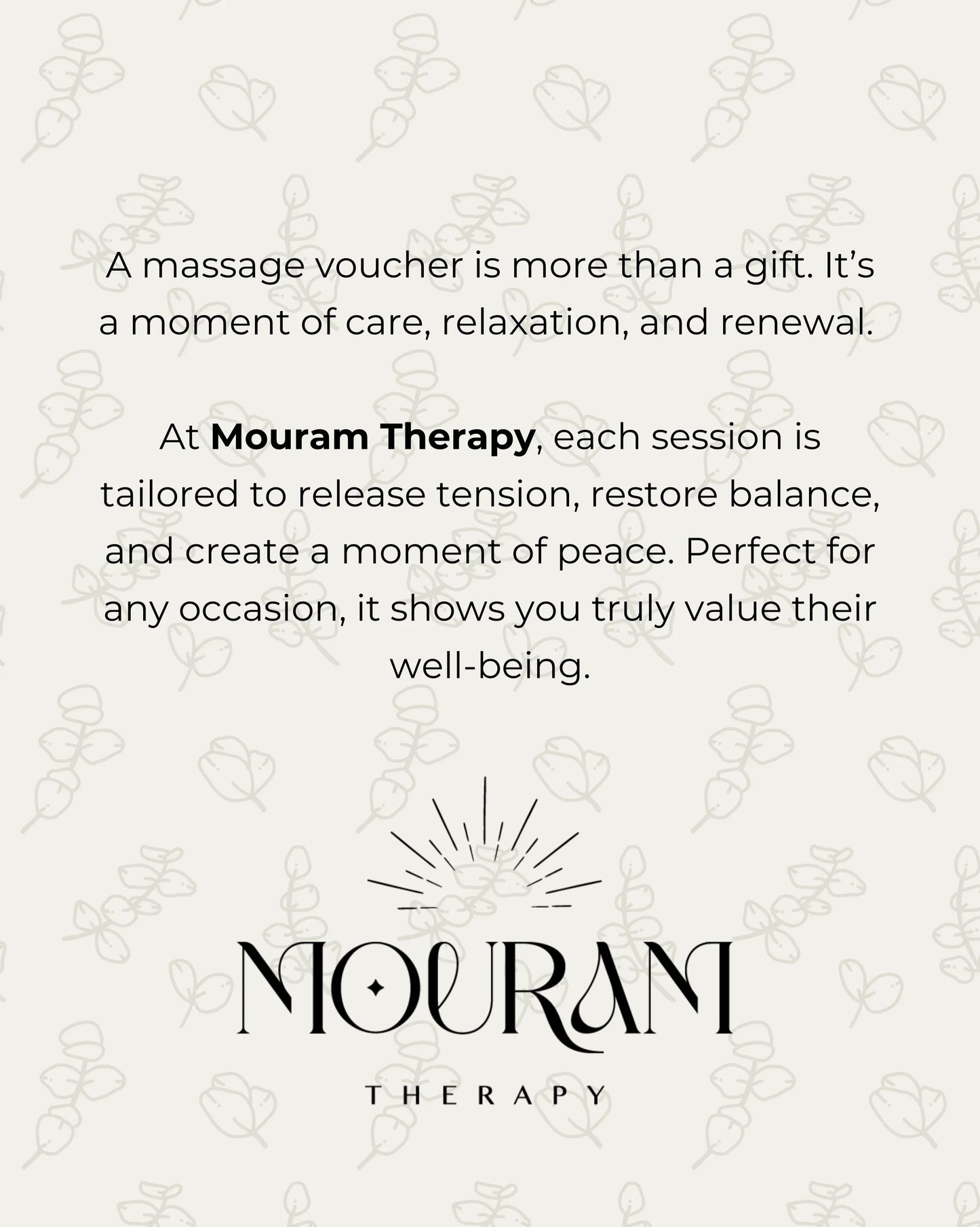 Cadeaubon voor een massage met een rustgevende achtergrond, het logo van Mouram Therapy en een tekst gericht op welzijn.
