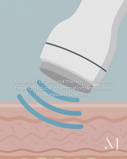 Therapeutisch echografieapparaat gericht op spierweefsel, ter bevordering van genezing en pijnverlichting.