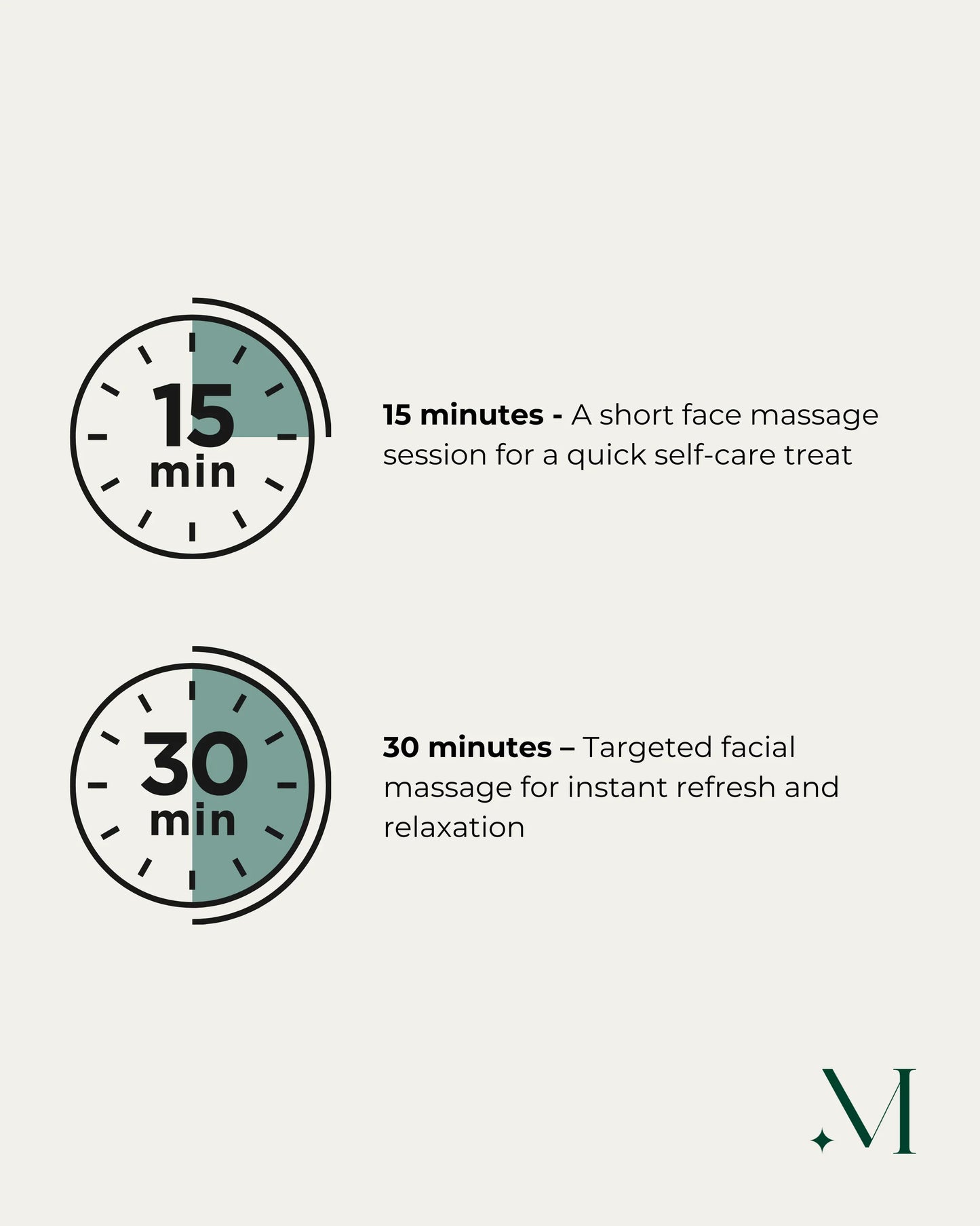 Opties voor de duur van een gezichtsmassage, klokweergave voor ontspanningsbehandelingen van 15 en 30 minuten.
