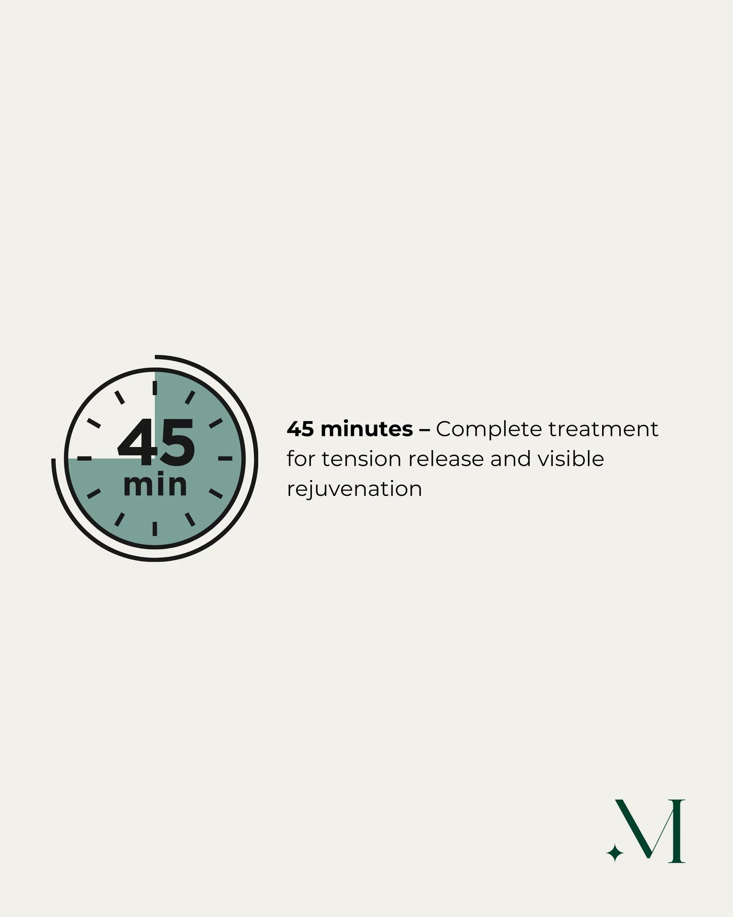 Pictogram van een massagebehandeling van 45 minuten met tekst over spanningsvermindering en verjonging.