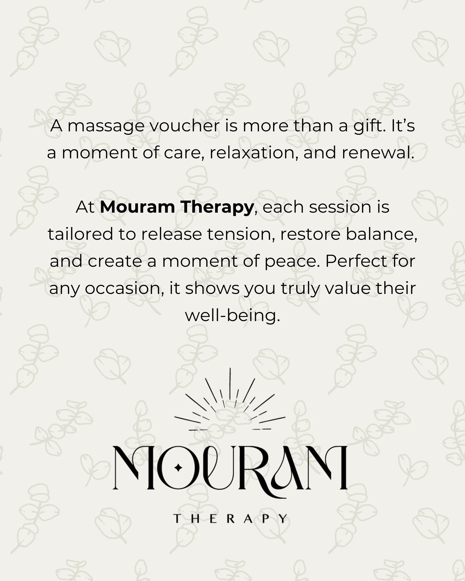 Cadeaubon voor een massage met een rustgevende achtergrond, het logo van Mouram Therapy en een tekst gericht op welzijn.