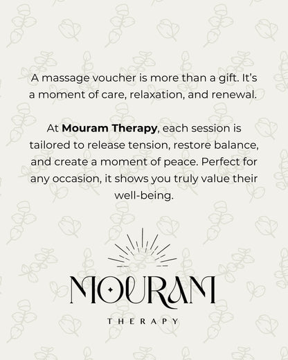 Cadeaubon voor een massage met een rustgevende achtergrond, het logo van Mouram Therapy en een tekst gericht op welzijn.
