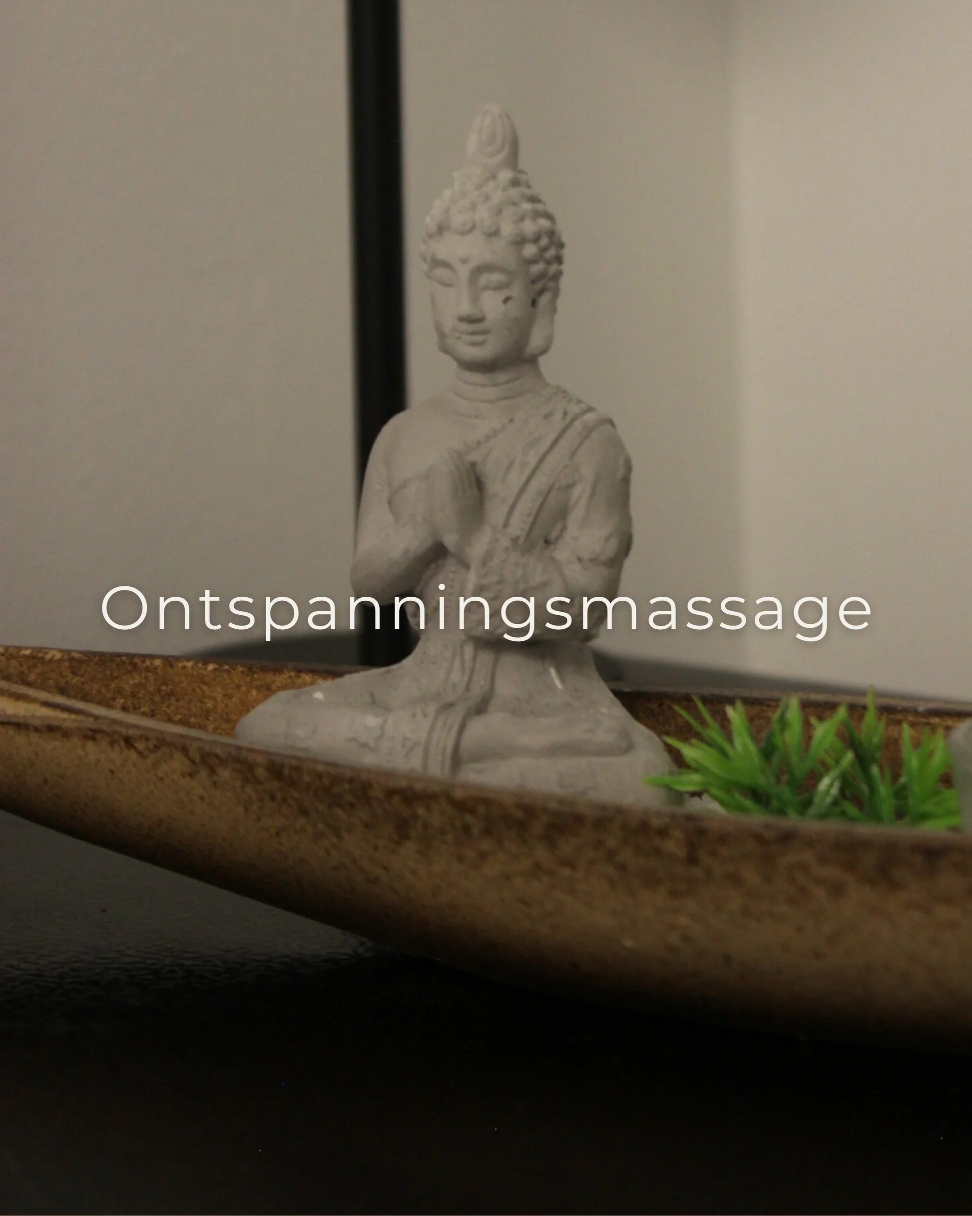 Boeddhabeeld in een ontspannende massageomgeving met groene planten, een rustgevende massagesfeer.