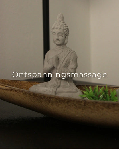 Boeddhabeeld in een ontspannende massageomgeving met groene planten, een rustgevende massagesfeer.