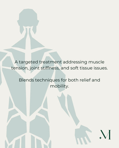 Abstracte gespierde figuur die de voordelen van therapeutische massage voor spierspanning en mobiliteit benadrukt.