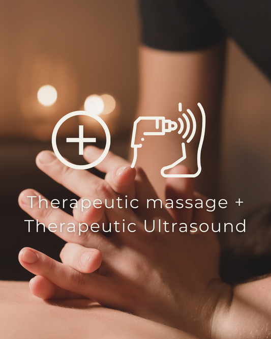 Handen die therapeutische massage uitvoeren, met pictogrammen voor massage en echografie eroverheen.